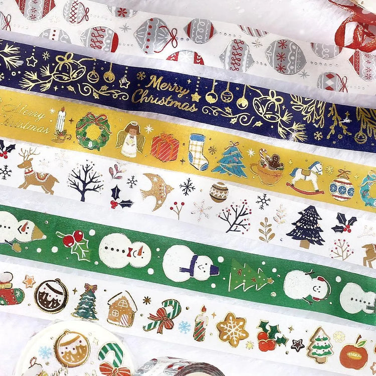 BGM Christmas washi tape featuring cute, festive gold-foil holiday icons perfect for Christmas crafts and journaling.
