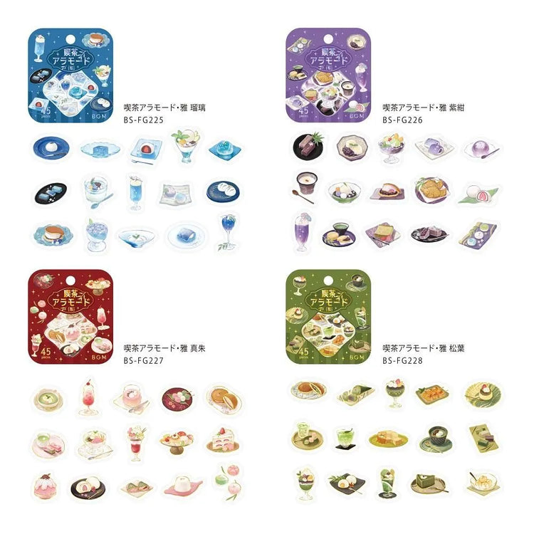 BGM Café Ala Mode Miyabi foil flake stickers in blue, purple, red, and green sets, featuring illustrated café desserts and drinks with metallic accents on washi paper.