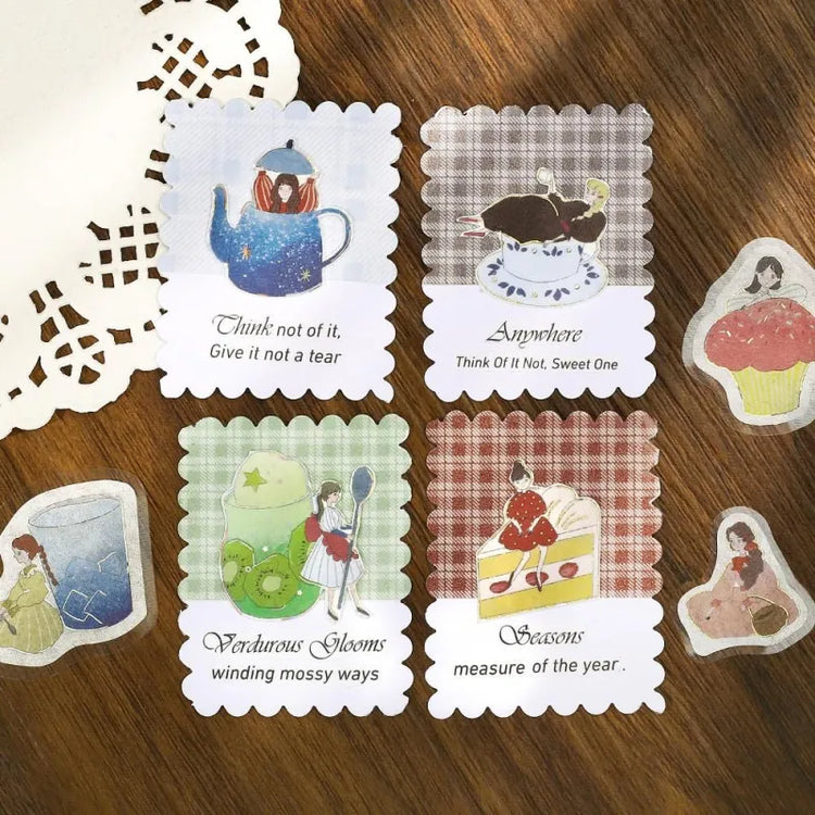 BGM Foil Stamping Flake Seal – Girl and Café series featuring 45-piece sticker sets in whimsical café-inspired themes: Deep Sea Soda, Strawberry, Chocolate Milk, and Melon Cream. Each set includes illustrations of girls, beverages, and treats with washi paper texture and elegant foil stamping.