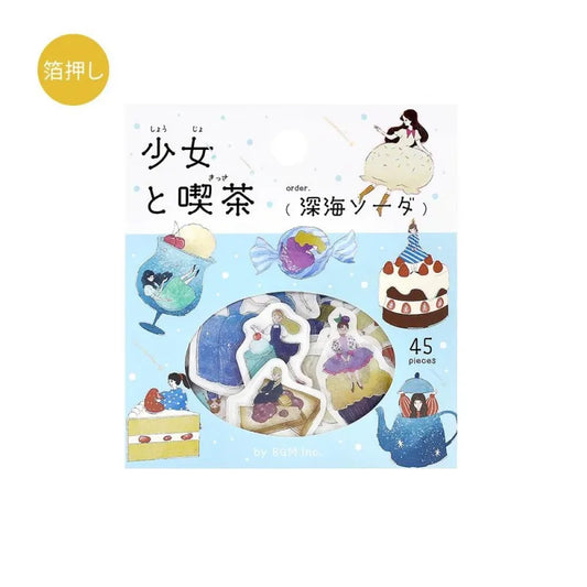 BGM Foil Stamping Flake Seal – Girl and Café: Deep Sea Soda featuring 45 washi stickers with café girls, bubbly beverages, and ocean-inspired sweets, all adorned with foil accents and embossed textures.