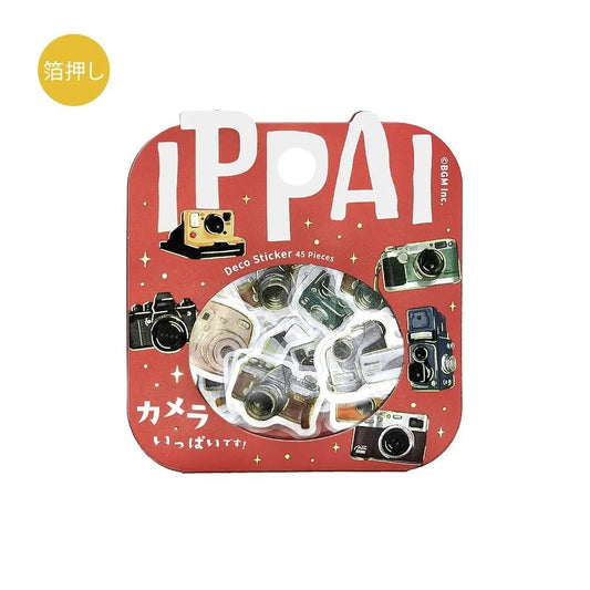 BGM Foil Stamping Flake Seal Ippai Cameras stickers featuring vintage and modern camera illustrations with foil details.