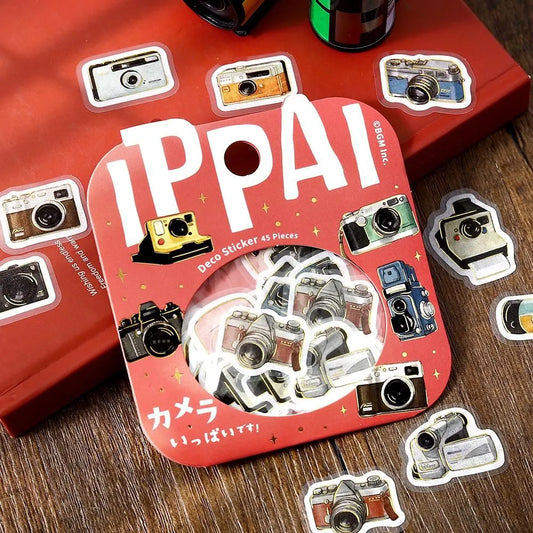 BGM Foil Stamping Flake Seal Ippai Cameras stickers featuring vintage and modern camera illustrations with foil details.