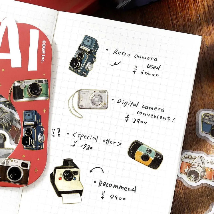 BGM Foil Stamping Flake Seal Ippai Cameras stickers featuring vintage and modern camera illustrations with foil details.
