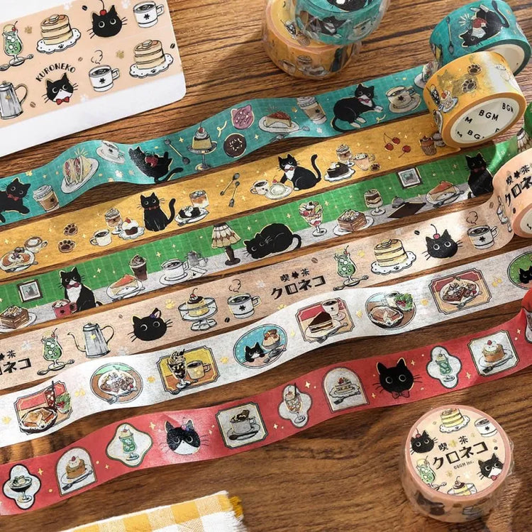 BGM Foil Stamping Masking Tape – Black Cat Café on a 20mm washi tape roll featuring charming café-themed illustrations with a playful black cat and shimmering foil details.