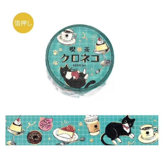 BGM Foil Stamping Masking Tape – Black Cat Café: Café Stroll 20mm washi tape roll featuring black cats with desserts, coffee, and foil paw prints.