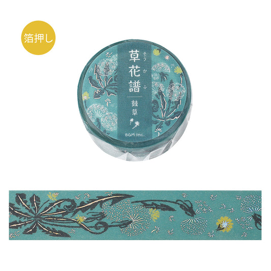BGM Foil Stamping Masking Tape: Flower Compendium: Drum Grass – Japanese washi tape featuring elegant grass designs with metallic foil accents.