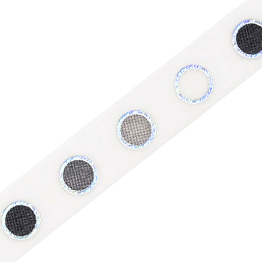 A slim 5mm wide washi tape roll with metallic foil round patterns, perfect for decorating planners, journals, and crafts with a clean modern touch.