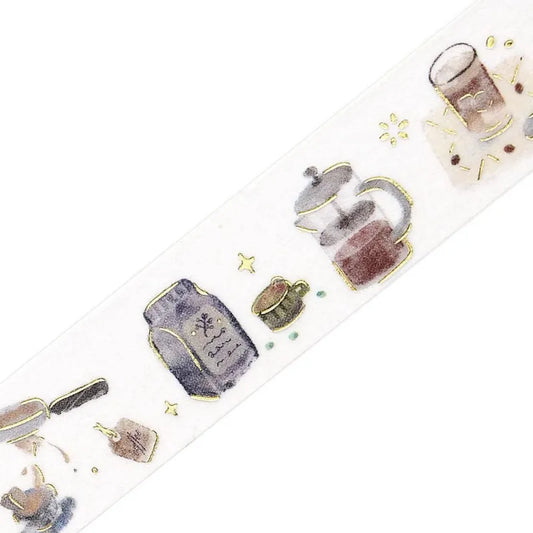 BGM Foil Stamping Masking Tape – Life: Enjoy CAFE 15mm washi tape roll featuring cozy coffee shop illustrations and shimmering gold foil highlights, it's perfect for journaling, decorating, and café lovers alike.