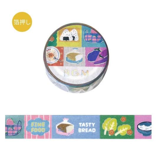 BGM Foil Stamping Masking Tape – Life: Pop Food design showcasing vibrant food illustrations with shiny foil highlights on a 15mm masking tape roll.
