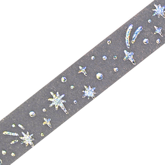 A slim 5mm washi tape roll with star patterns highlighted in metallic foil, designed for journaling, scrapbooking, and decorative accents.