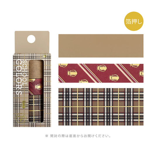Washi tape set in caramel plaid and striped school-inspired patterns with foil stamping.