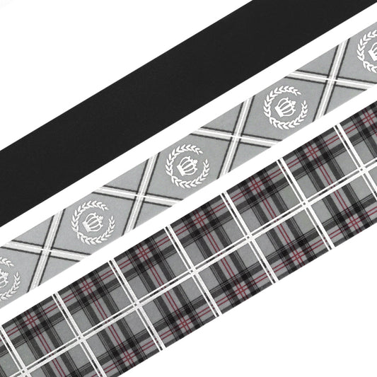 Washi tape set in gray plaid and stripe school-style designs with foil stamping.