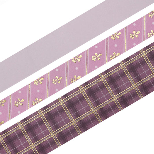 Washi tape set in pink plaid and stripe school-inspired designs with foil stamping.