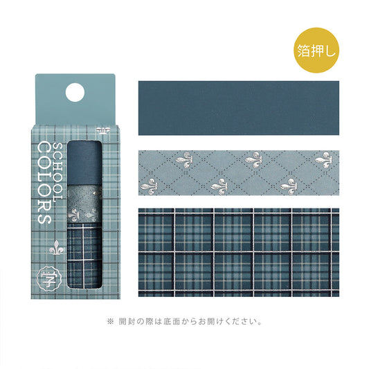 Washi tape set in blue plaid and stripe patterns with foil stamping details.