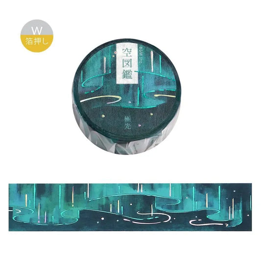 BGM Foil Stamping Masking Tape – Sky Encyclopedia: Aurora 20mm washi tape roll designed with green and teal gradients, shimmering foil light trails, and starry details.
