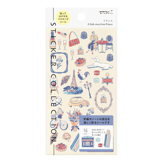 A sheet of Midori French Motifs washi stickers illustrated by Yuuka Takamaru, featuring frame stickers with traditional patterns, along with distinctive motifs like local foods, animals, flowers, and landmarks. The soft pastel colors give the sheet an elegant and travel-inspired feel, ideal for decorating planners and notebooks.