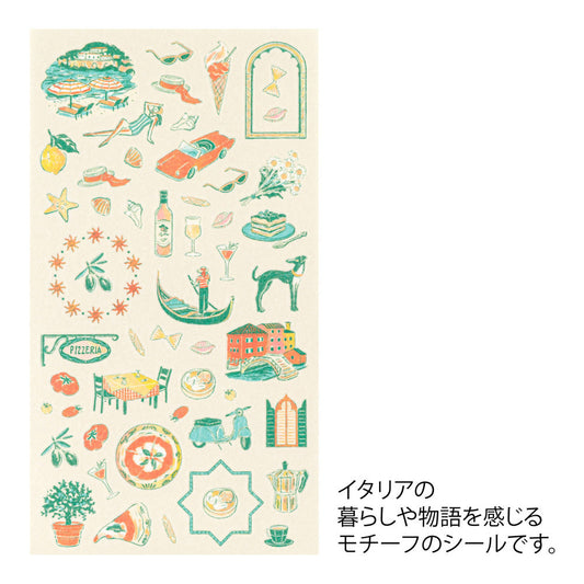 A sheet of Midori Italian Motifs washi stickers by Yuuka Takamaru, showcasing charming illustrations like pizza slices,, olive branches,wine and sea in soft pastel tones. The designs evoke the warmth and charm of Italy, perfect for planners and journals.