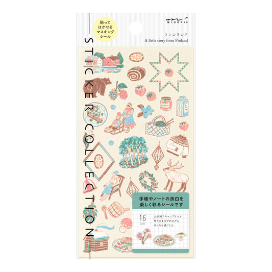A sheet of Midori Finnish Motifs washi stickers by Yuuka Takamaru, with illustrations of reindeer, Nordic cottages, pine trees, berries, and folk embroidery patterns. The soft, pastel palette evokes the peaceful charm and traditions of Finland.
