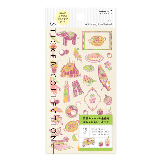 A sheet of Midori Sticker 2717 featuring delicate washi stickers of Thai-inspired motifs, including elephants, temples, flowers, foods, and traditional frame patterns in Yuuka Takamaru’s soft, pastel color palette.