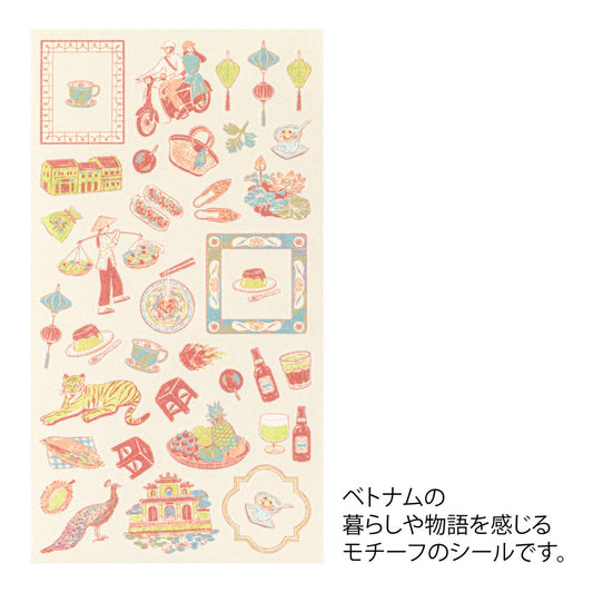 A sheet of Midori Sticker 2718 featuring delicate washi stickers of Vietnamese motifs, including conical hats, lotus flowers, foods, and traditional frame patterns in Yuuka Takamaru’s soft, pastel color palette.