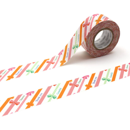 MT For Pack Permanent Tape – Ribbon roll featuring a ribbon-like printed pattern in warm tones, designed for durable packaging and elegant gift wrapping.