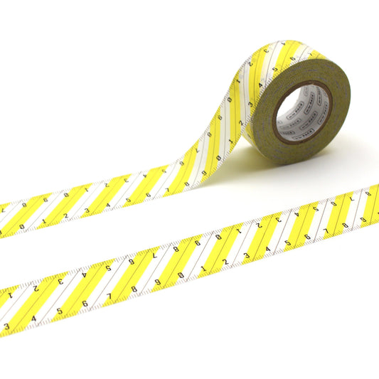 MT For Pack Permanent Tape – Stripe Ruler showing a roll of washi tape with a ruler-style stripe pattern in neutral tones, designed for strong adhesion and packaging use.