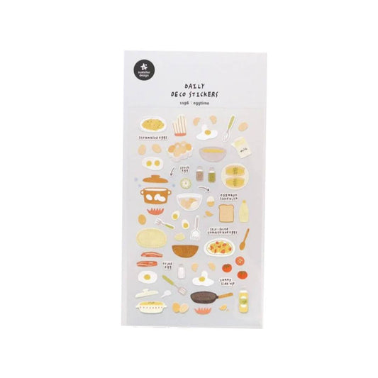 Suatelier Daily Deco Sticker Eggtime sheet featuring hand-drawn eggs, frying pans, and breakfast cooking motifs.
