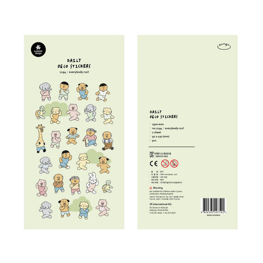 A sheet of decorative stickers featuring hand-drawn people and animals running in different poses, with playful expressions and pastel colors—ideal for adding humor and movement to journals or planners.