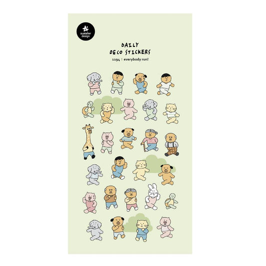 A sheet of decorative stickers featuring hand-drawn people and animals running in different poses, with playful expressions and pastel colors—ideal for adding humor and movement to journals or planners.