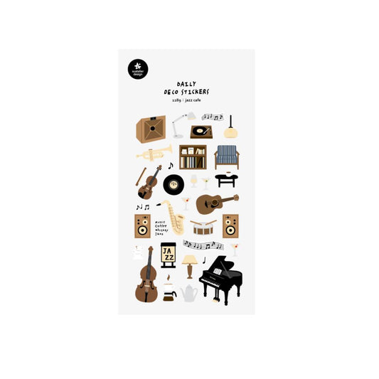 Suatelier Daily Deco Sticker sheet – Jazz Cafe theme with illustrated musical instruments and cozy café items.