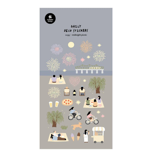 A sheet of decorative stickers featuring illustrations of fireworks, picnic blankets, pizza, drinks, people cycling, dogs, ice cream, and night sky scenes—perfect for journaling and capturing the atmosphere of a summer midnight picnic.