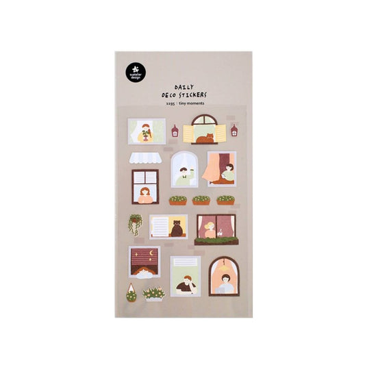 Suatelier Daily Deco Sticker Tiny Moments sheet featuring cozy window illustrations of people and plants in everyday scenes.
