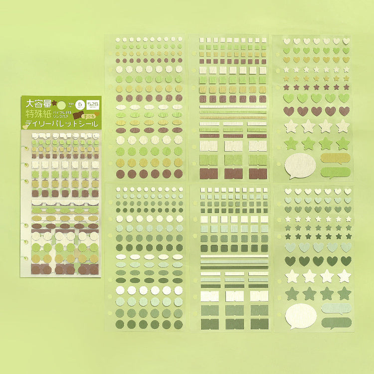 BGM Daily Palette Seat Seal Olive stickers in natural green and brown shades with assorted shapes.