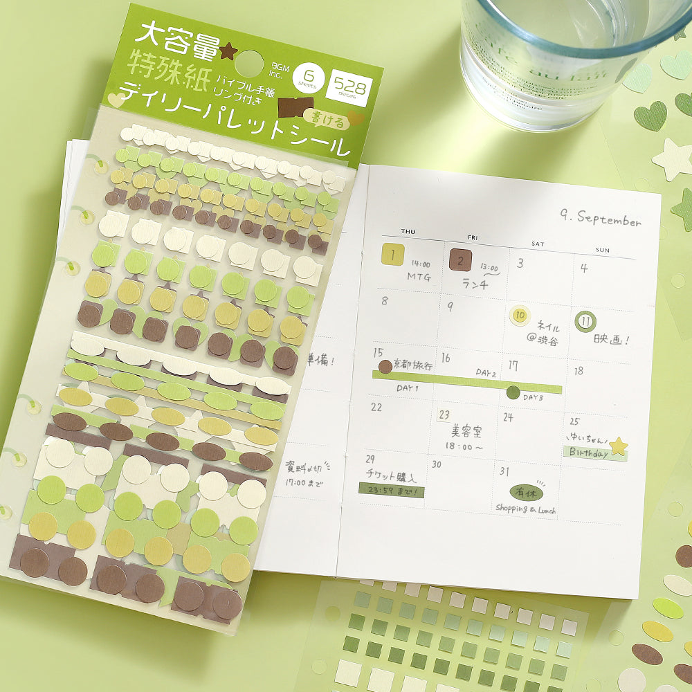 BGM Daily Palette Seat Seal Olive stickers in natural green and brown shades with assorted shapes.