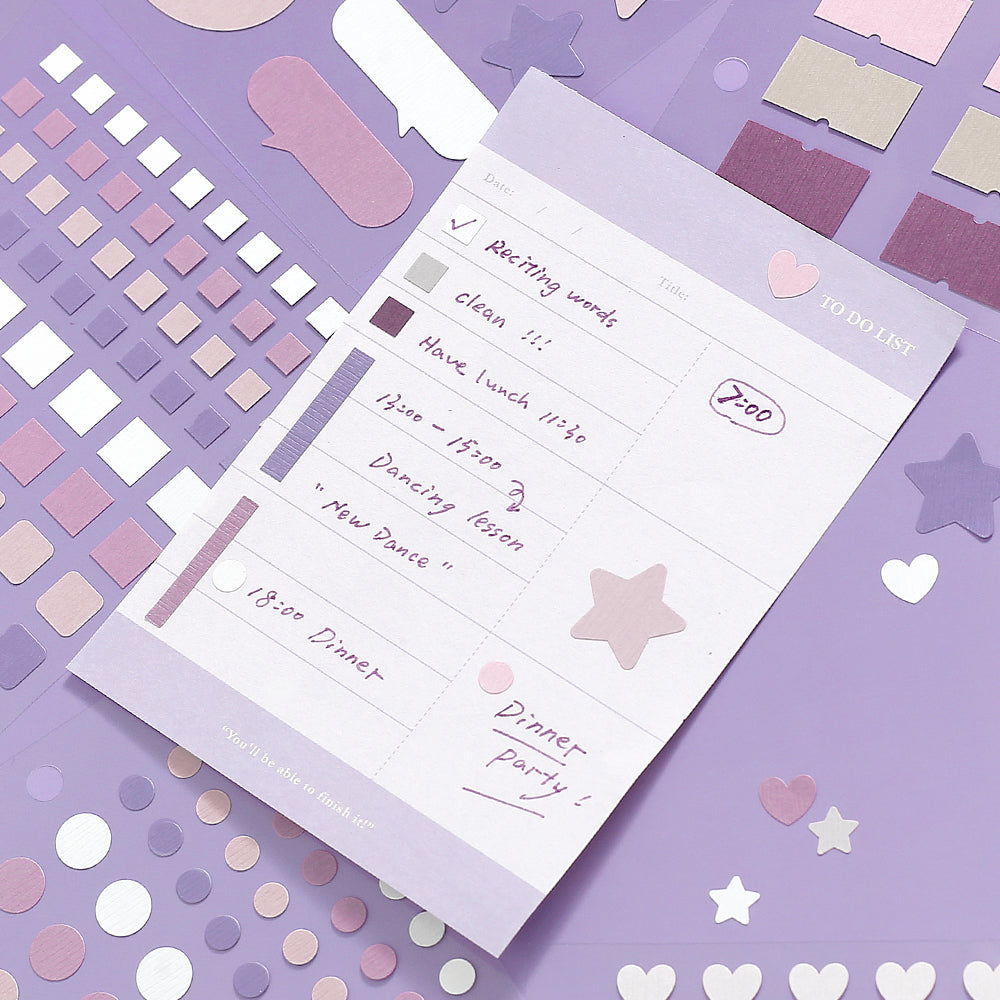 BGM Daily Palette Seat Seal Raspberry stickers featuring dots, hearts, stars, and tabs in shades of pink and red.