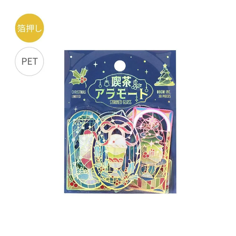 BGM Cafe A La Mode Stained Clear Seal – Christmas Night foil-stamped clear stickers with stained-glass winter designs.