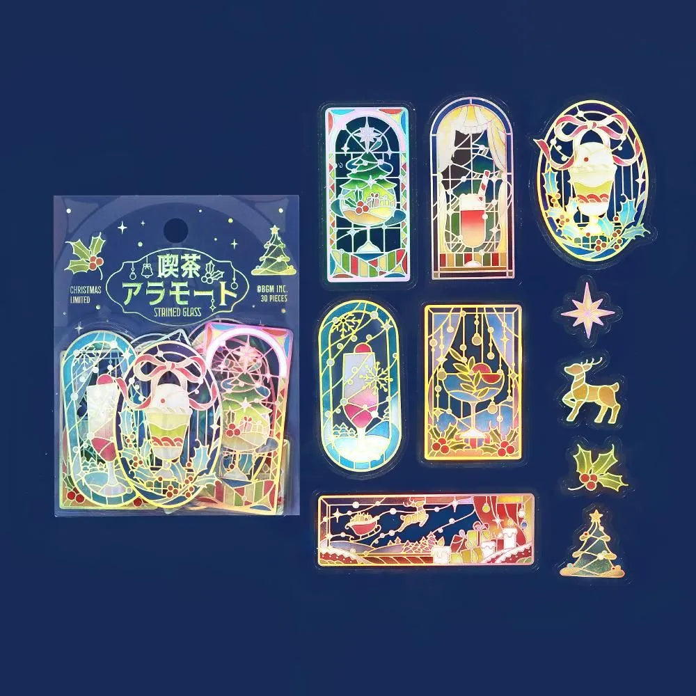 BGM Cafe A La Mode Stained Clear Seal – Christmas Night foil-stamped clear stickers with stained-glass winter designs.
