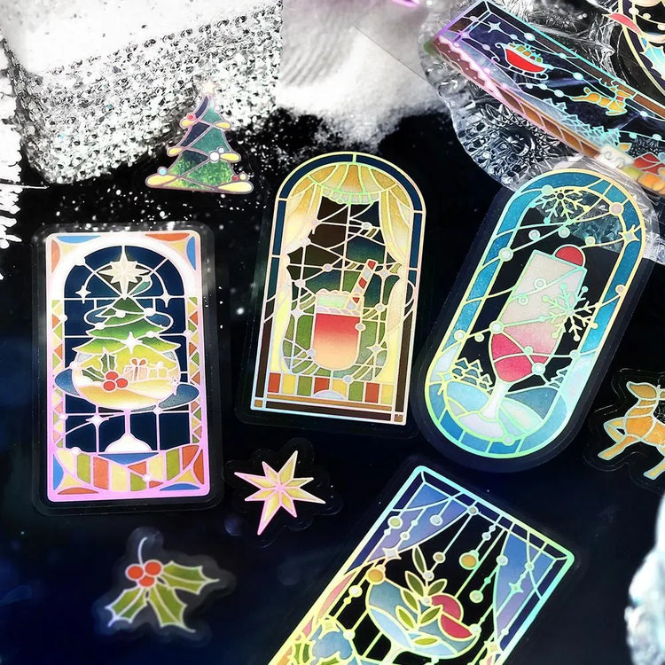 BGM Cafe A La Mode Stained Clear Seal – Christmas Night foil-stamped clear stickers with stained-glass winter designs.