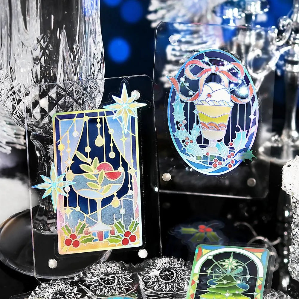 BGM Cafe A La Mode Stained Clear Seal – Christmas Night foil-stamped clear stickers with stained-glass winter designs.