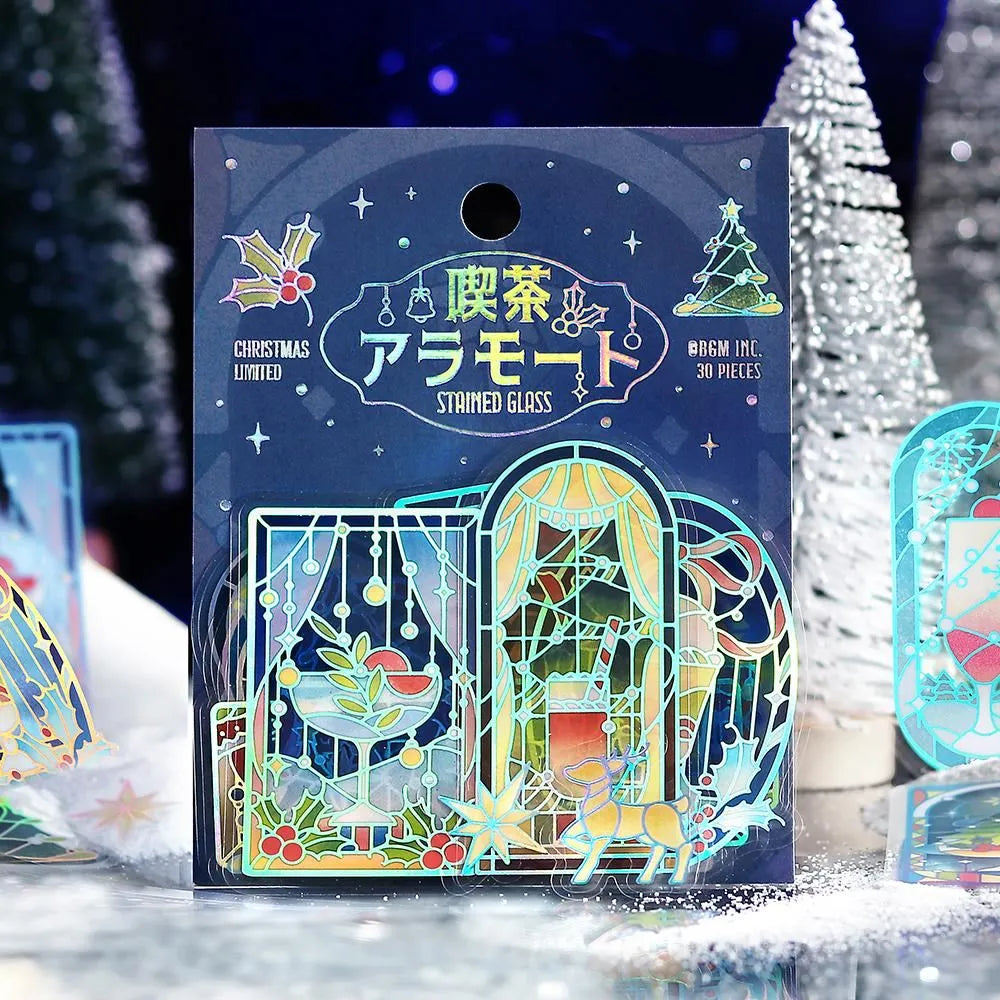 BGM Cafe A La Mode Stained Clear Seal – Christmas Night foil-stamped clear stickers with stained-glass winter designs.