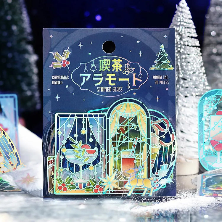 BGM Cafe A La Mode Stained Clear Seal – Christmas Night foil-stamped clear stickers with stained-glass winter designs.