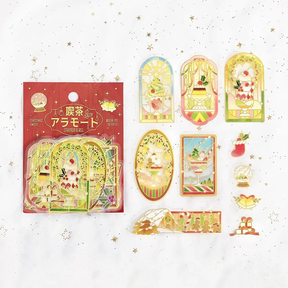 BGM Cafe A La Mode Stained Clear Seal – Christmas Glow foil-stamped clear stickers featuring warm Christmas light designs.