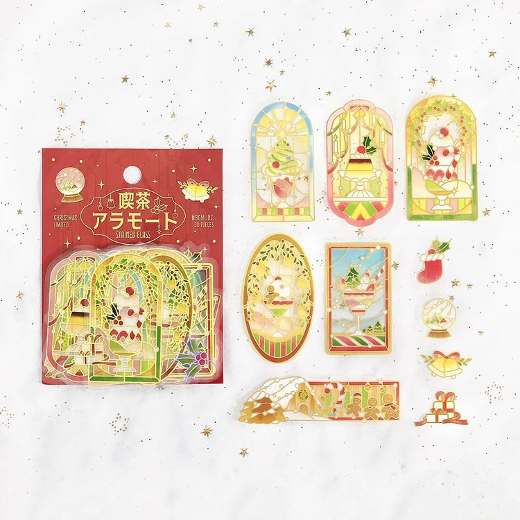 BGM Cafe A La Mode Stained Clear Seal – Christmas Glow foil-stamped clear stickers featuring warm Christmas light designs.