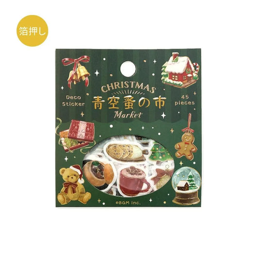 BGM Christmas Market flake stickers featuring foil-stamped market stalls and holiday details.