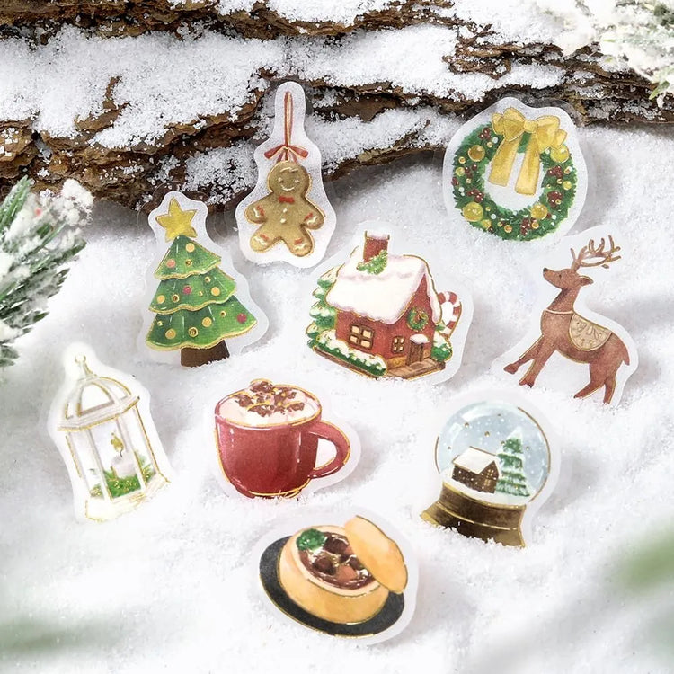 BGM Christmas Market flake stickers featuring foil-stamped market stalls and holiday details.