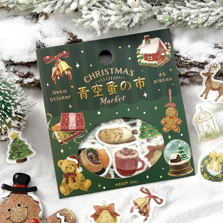 BGM Christmas Market flake stickers featuring foil-stamped market stalls and holiday details.