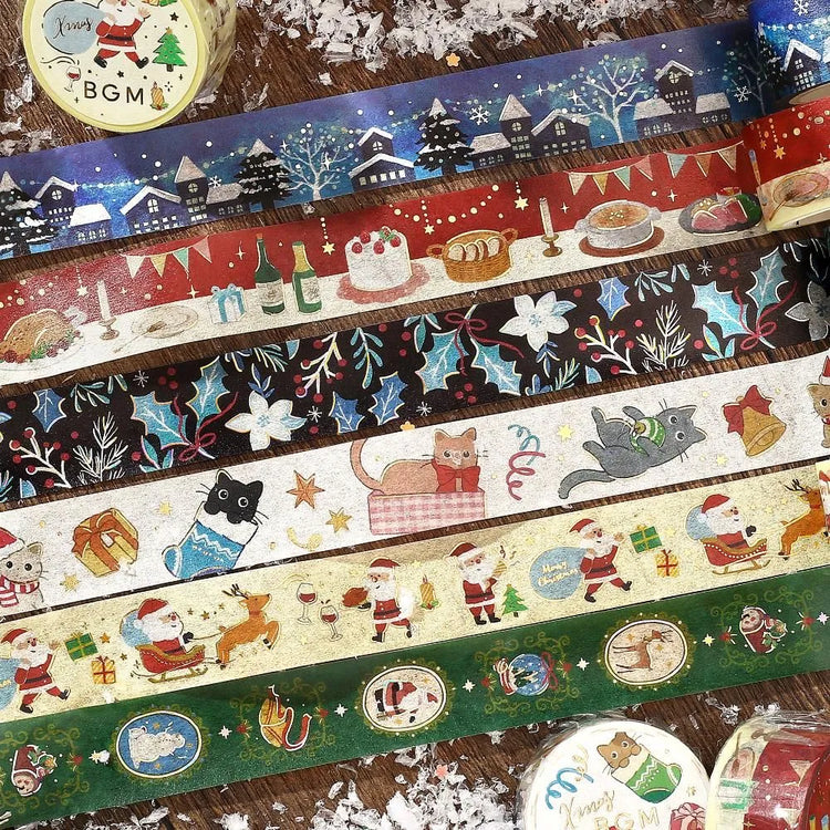 BGM Christmas washi tape featuring gold-foil holiday icons perfect for adding seasonal cheer to your journal pages, cards, or holiday packaging.