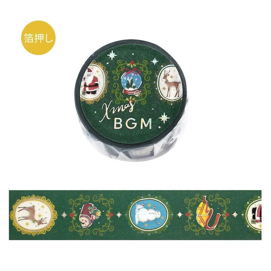BGM Brooch Christmas washi tape featuring gold-foil framed Santa and snowman designs.
