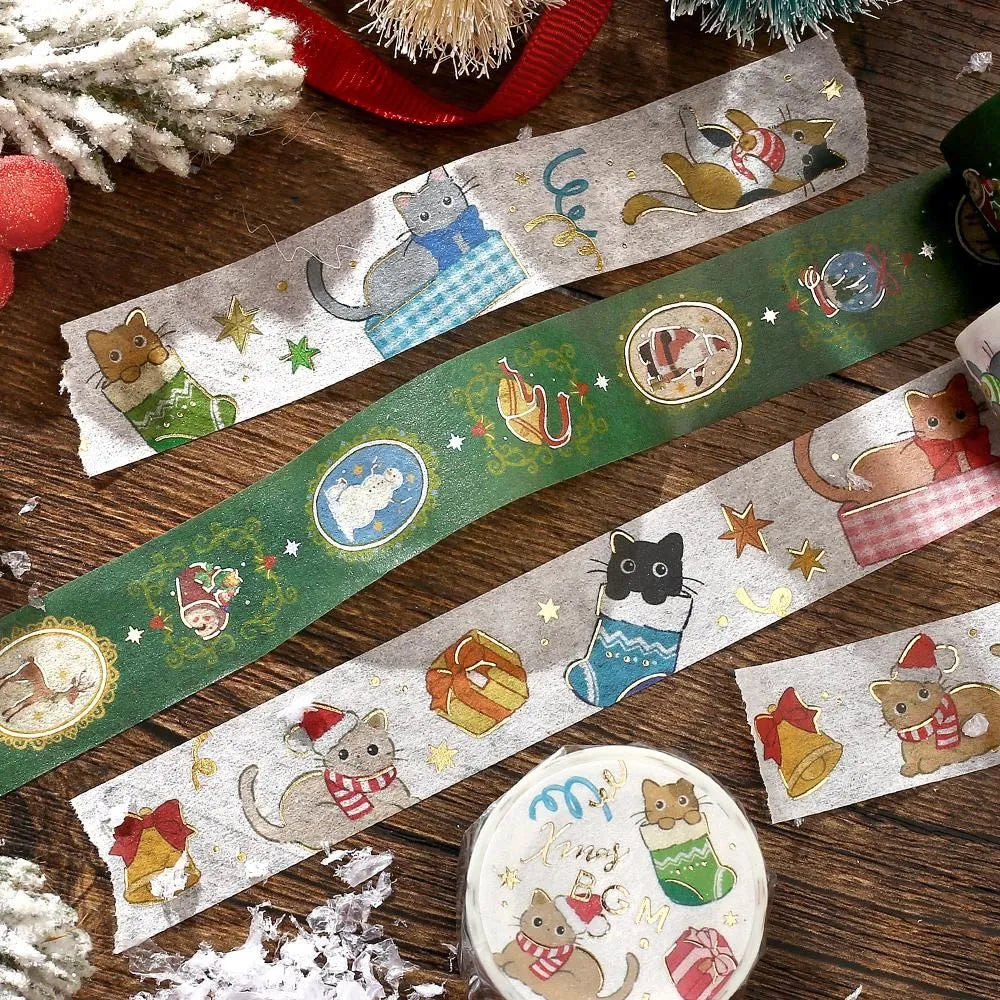 BGM Brooch Christmas washi tape featuring gold-foil framed Santa and snowman designs.