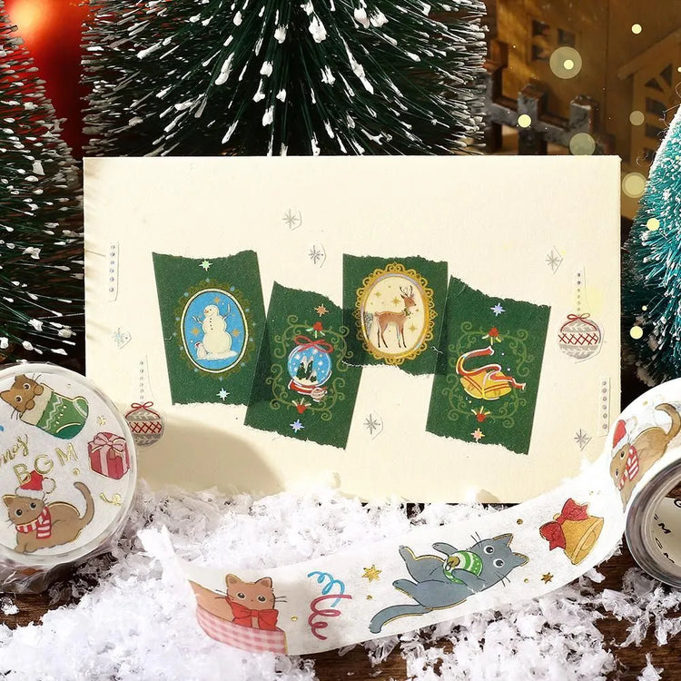 BGM Brooch Christmas washi tape featuring gold-foil framed Santa and snowman designs.